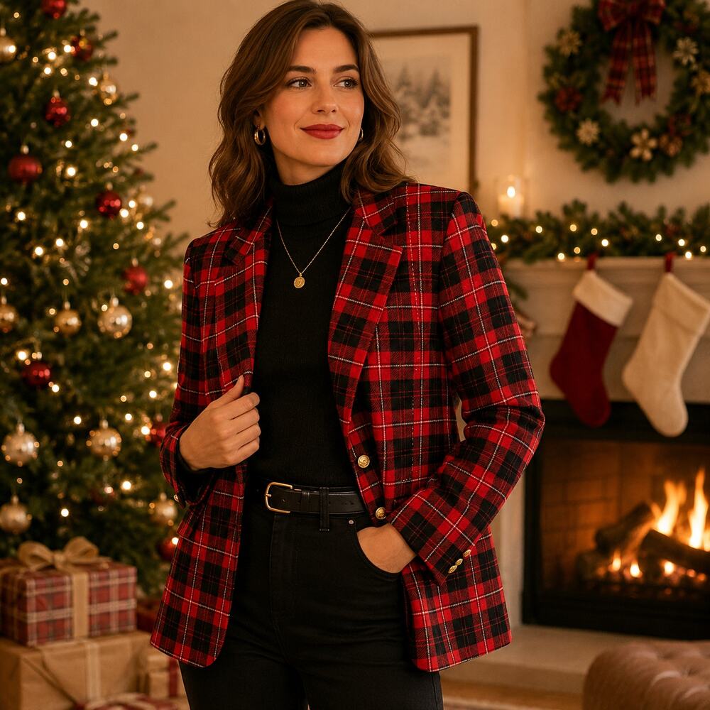 Pendleton SZ 14P VTG 100% Virgin Wool Red & Black Tartan Plaid Blazer